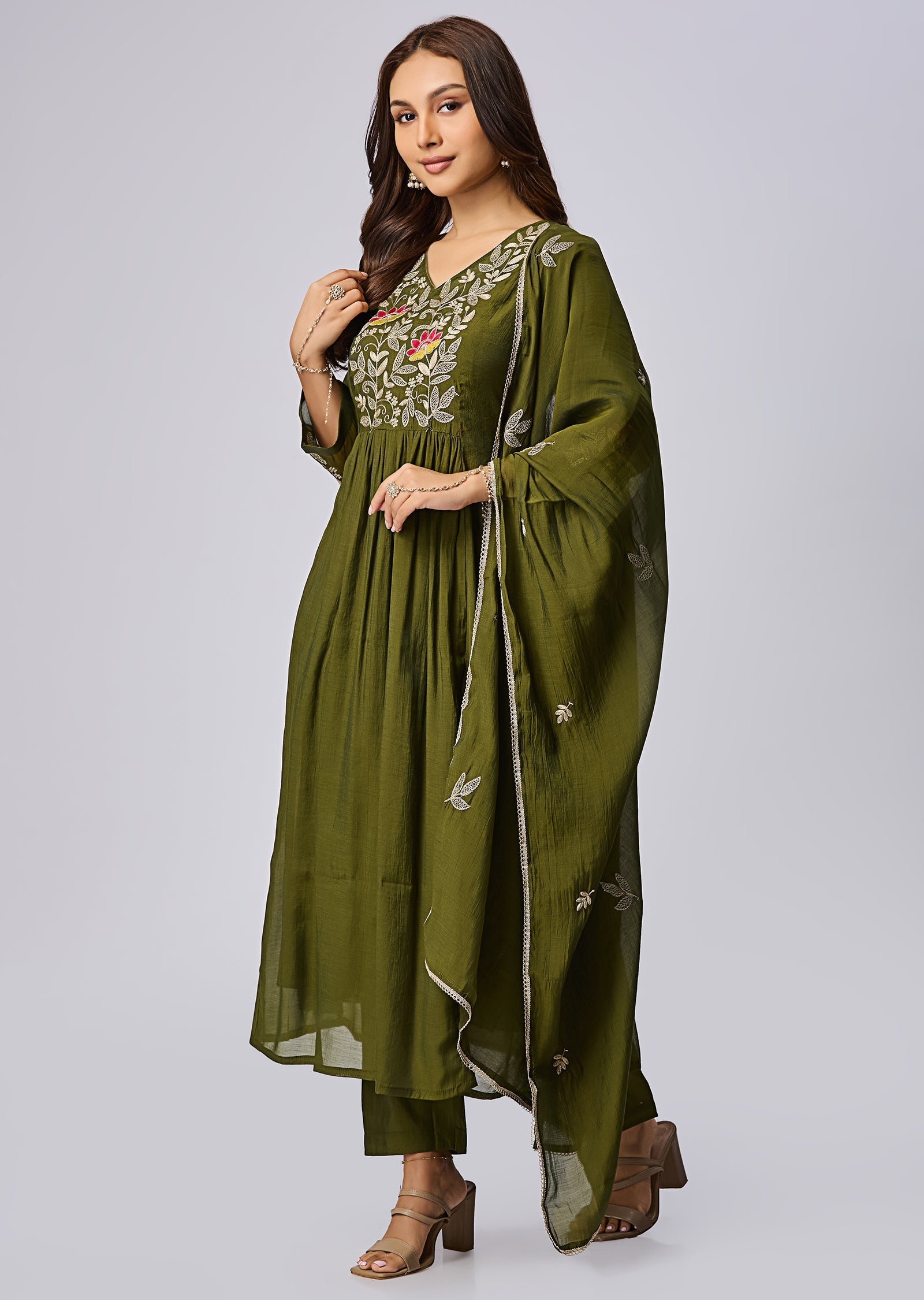Mehendi Green Mul Chanderi Anarkali Suit