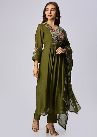 Mehendi Green Mul Chanderi Anarkali Suit