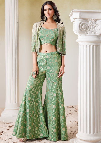 Green Tissue Indo western Set