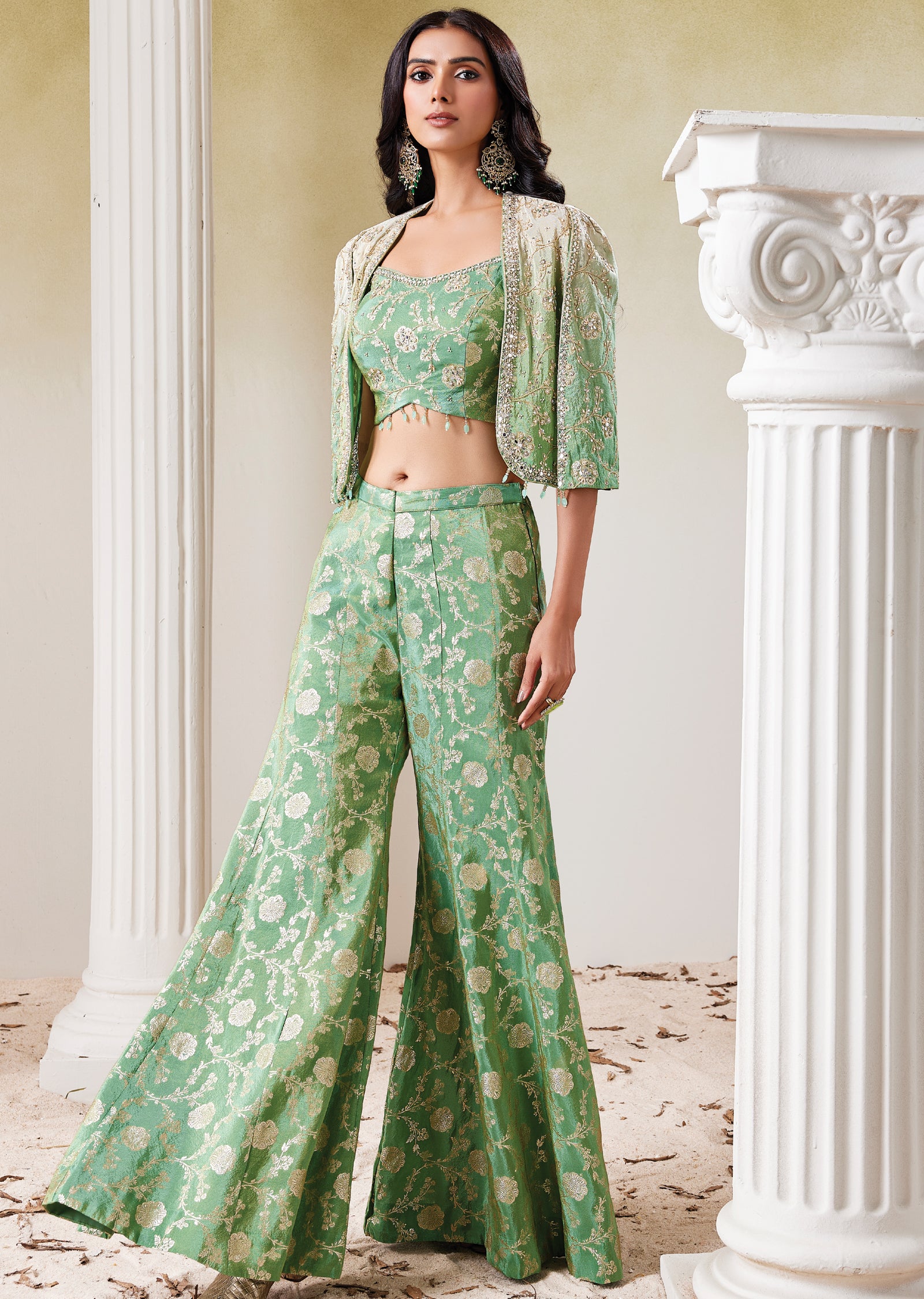 Green Tissue Indo western Set