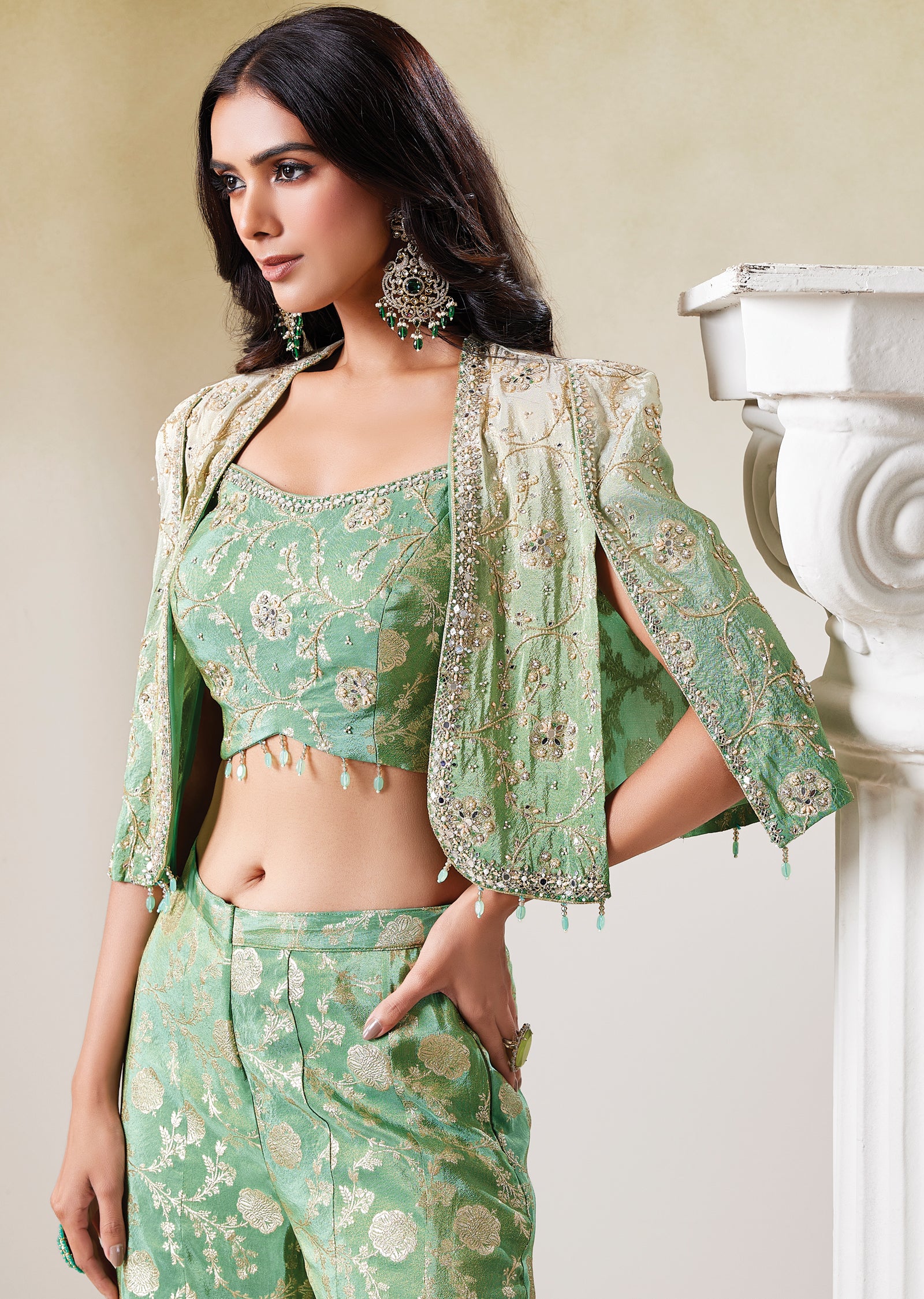 Green Tissue Indo western Set