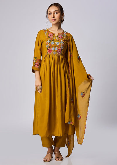 Dusty Mustard Mul Chanderi Anarkali Suit