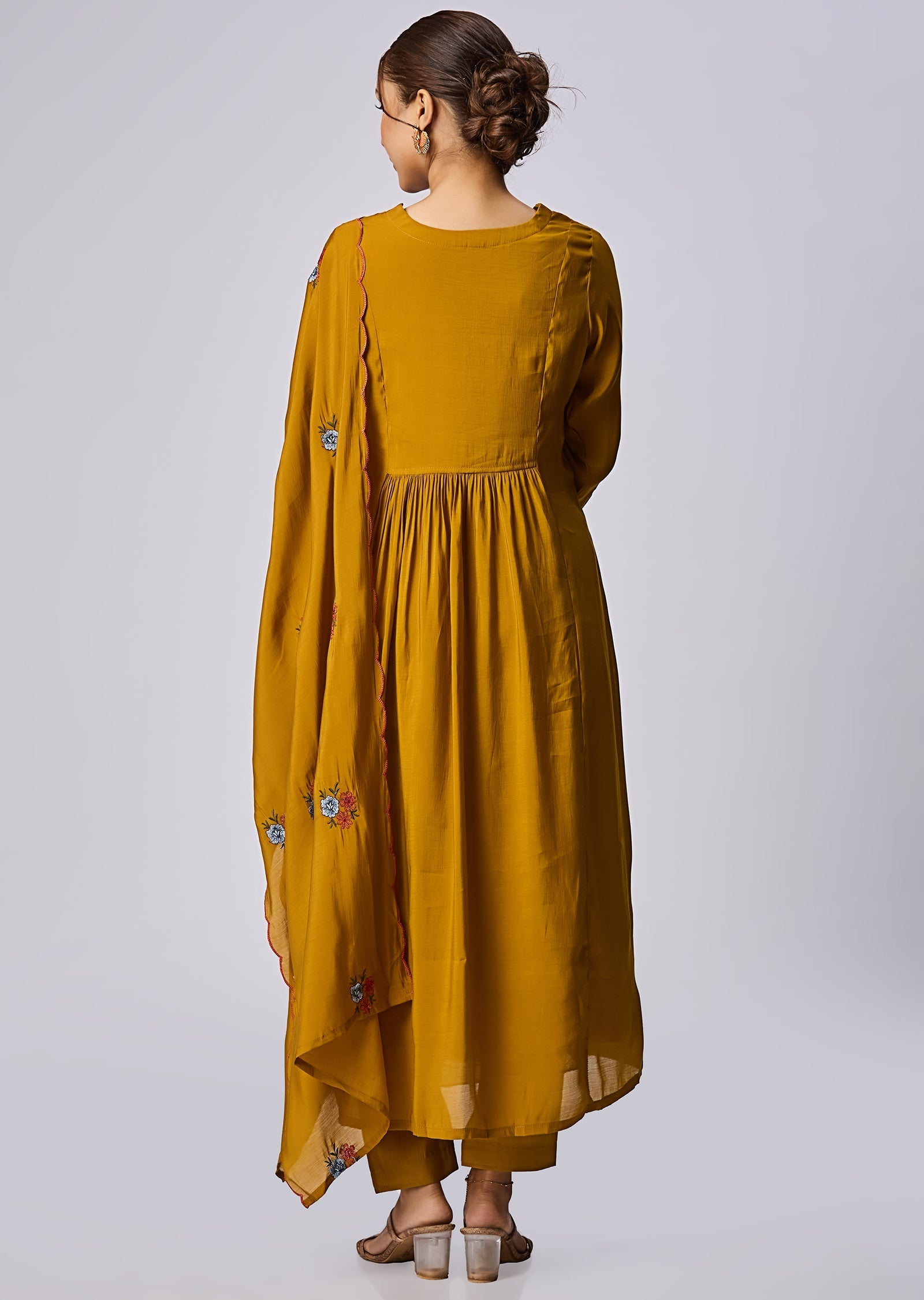 Dusty Mustard Mul Chanderi Anarkali Suit