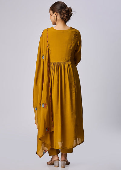 Dusty Mustard Mul Chanderi Anarkali Suit
