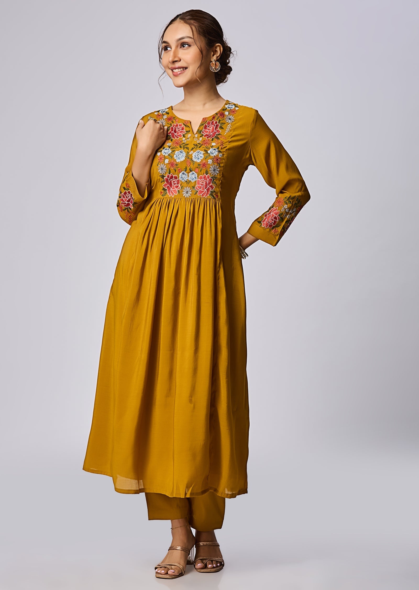 Dusty Mustard Mul Chanderi Anarkali Suit