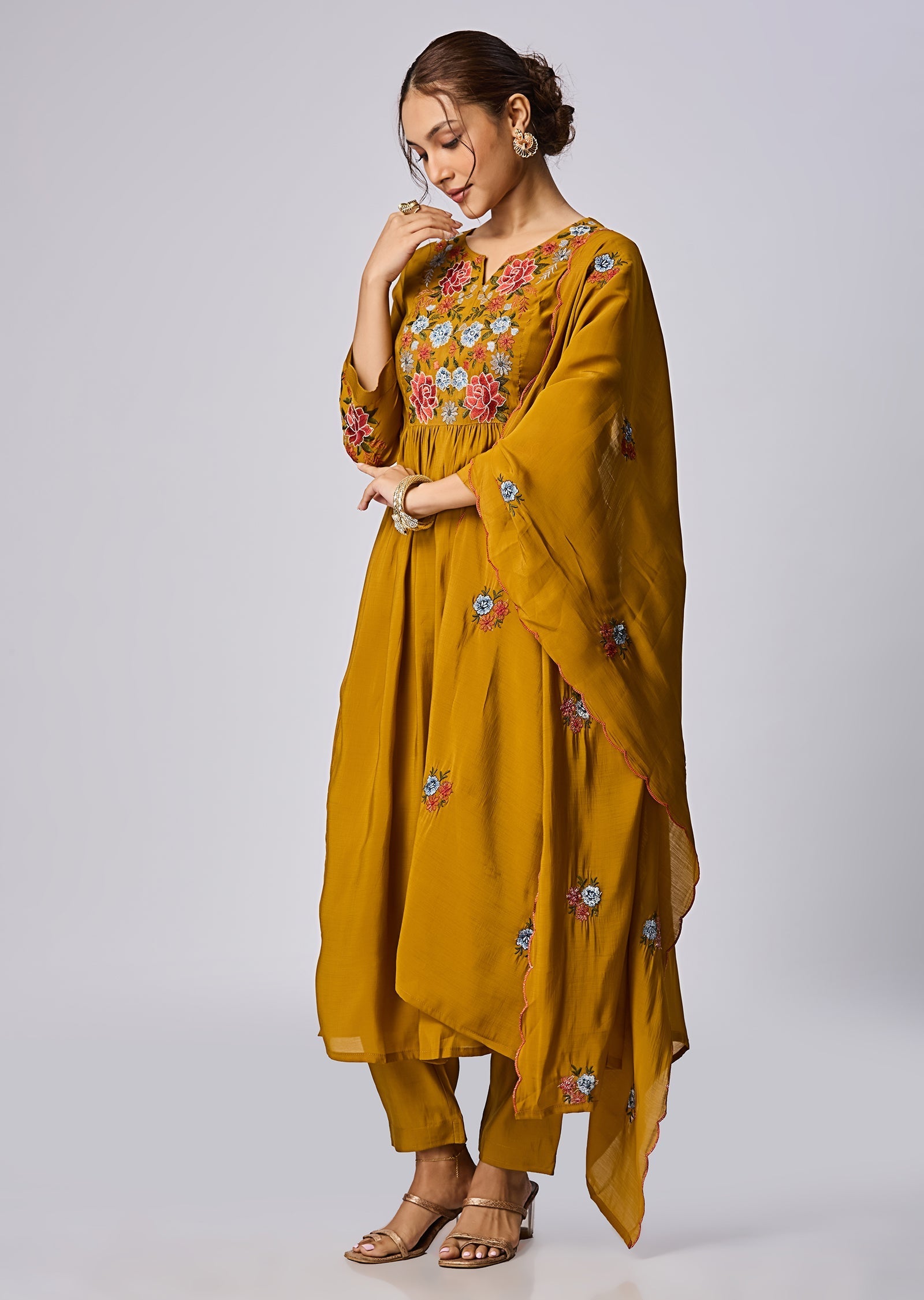 Dusty Mustard Mul Chanderi Anarkali Suit