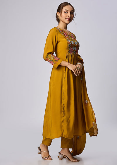 Dusty Mustard Mul Chanderi Anarkali Suit