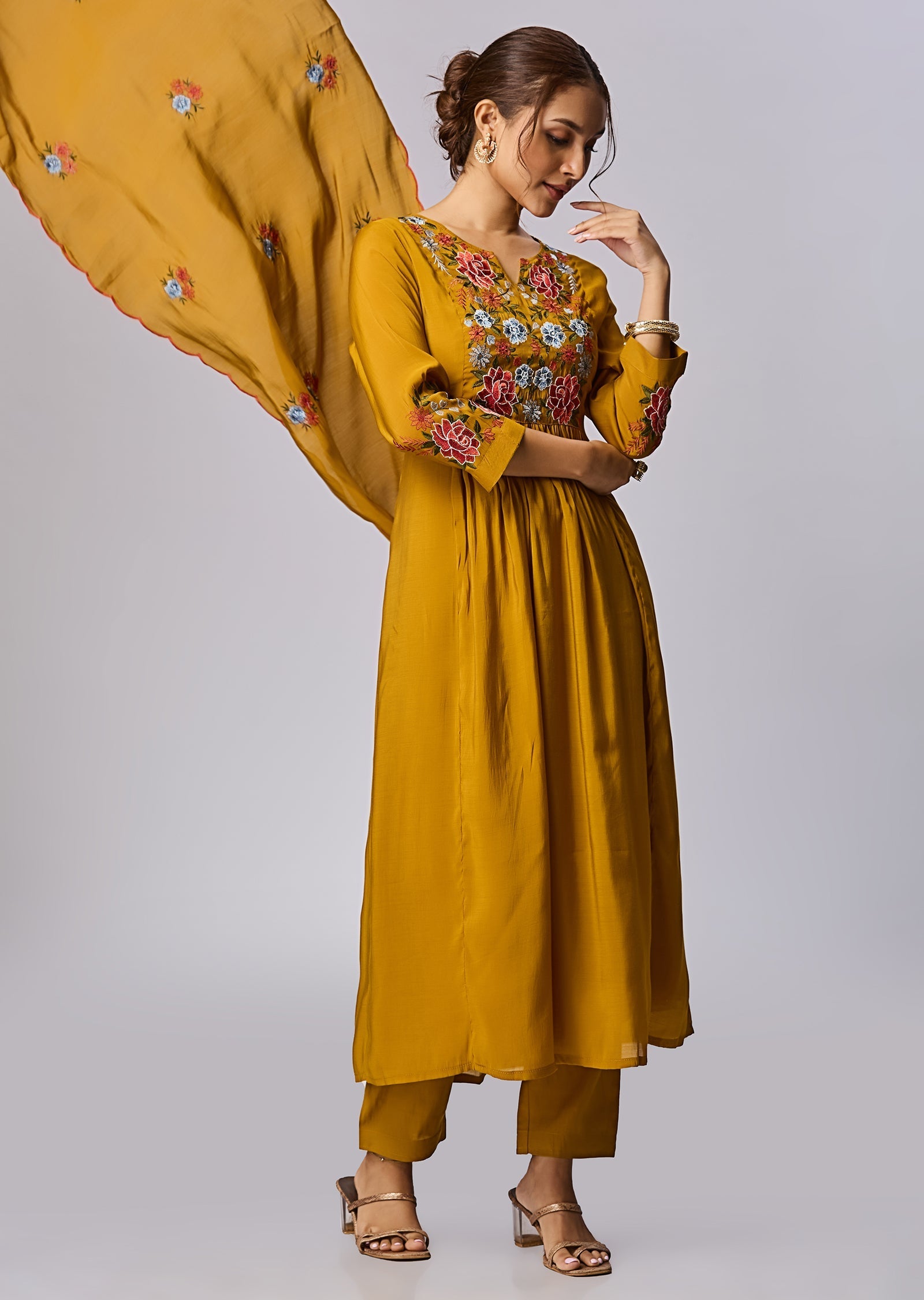 Dusty Mustard Mul Chanderi Anarkali Suit