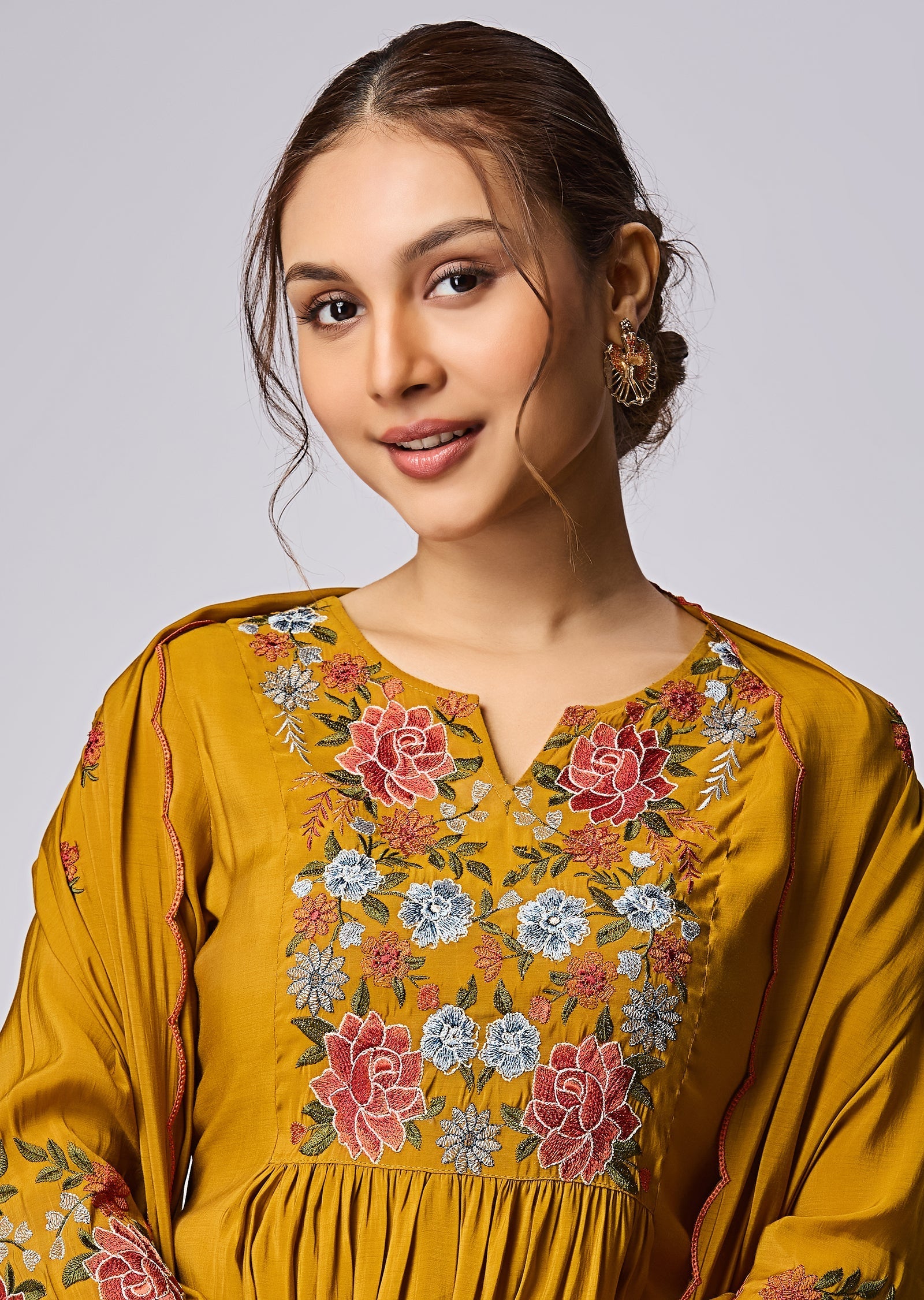Dusty Mustard Mul Chanderi Anarkali Suit