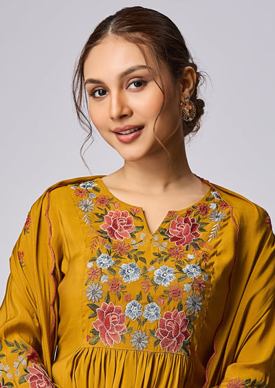 Dusty Mustard Mul Chanderi Anarkali Suit