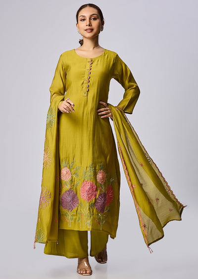 Mehendi Green Mul Chanderi Straight Cut Suit
