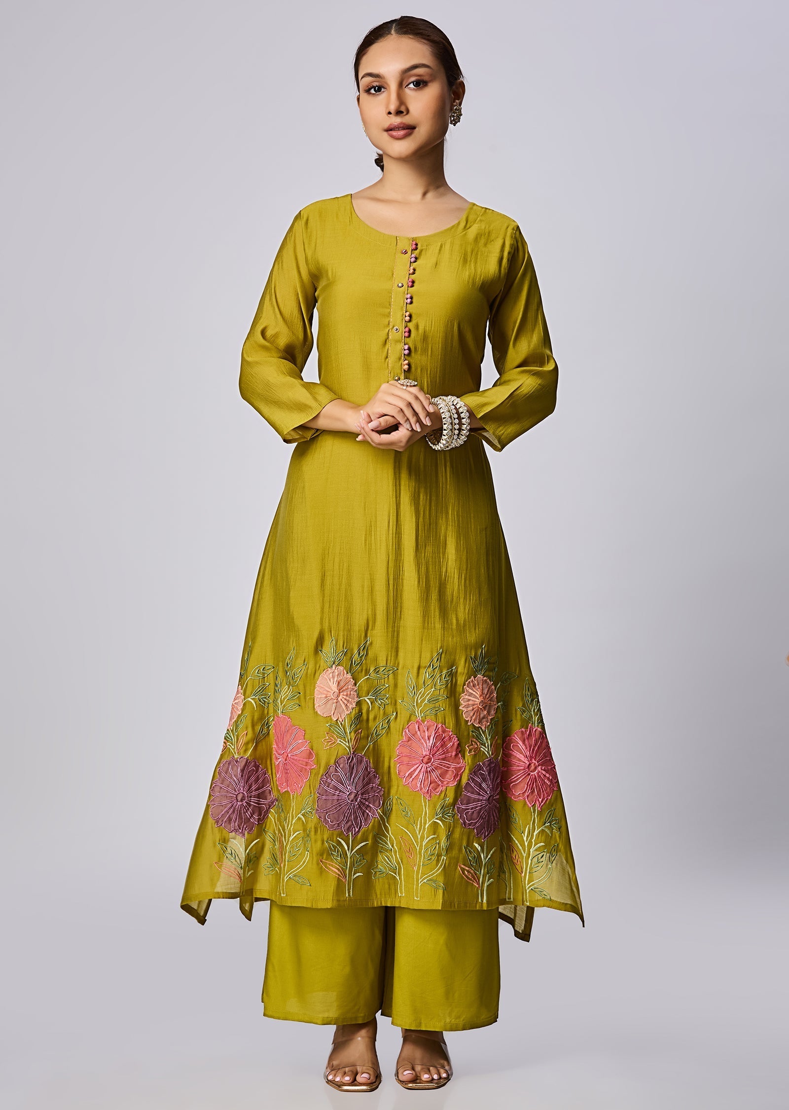 Mehendi Green Mul Chanderi Straight Cut Suit