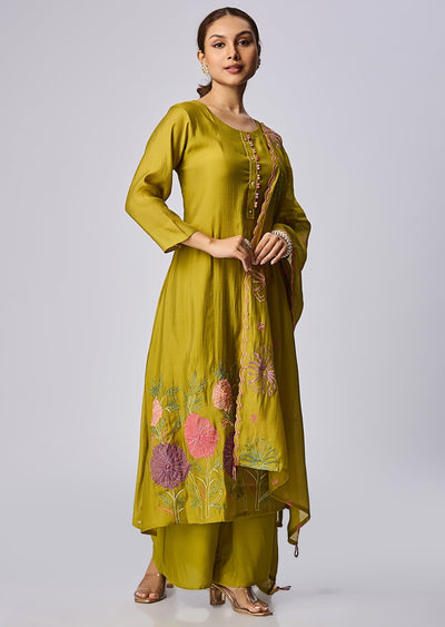 Mehendi Green Mul Chanderi Straight Cut Suit