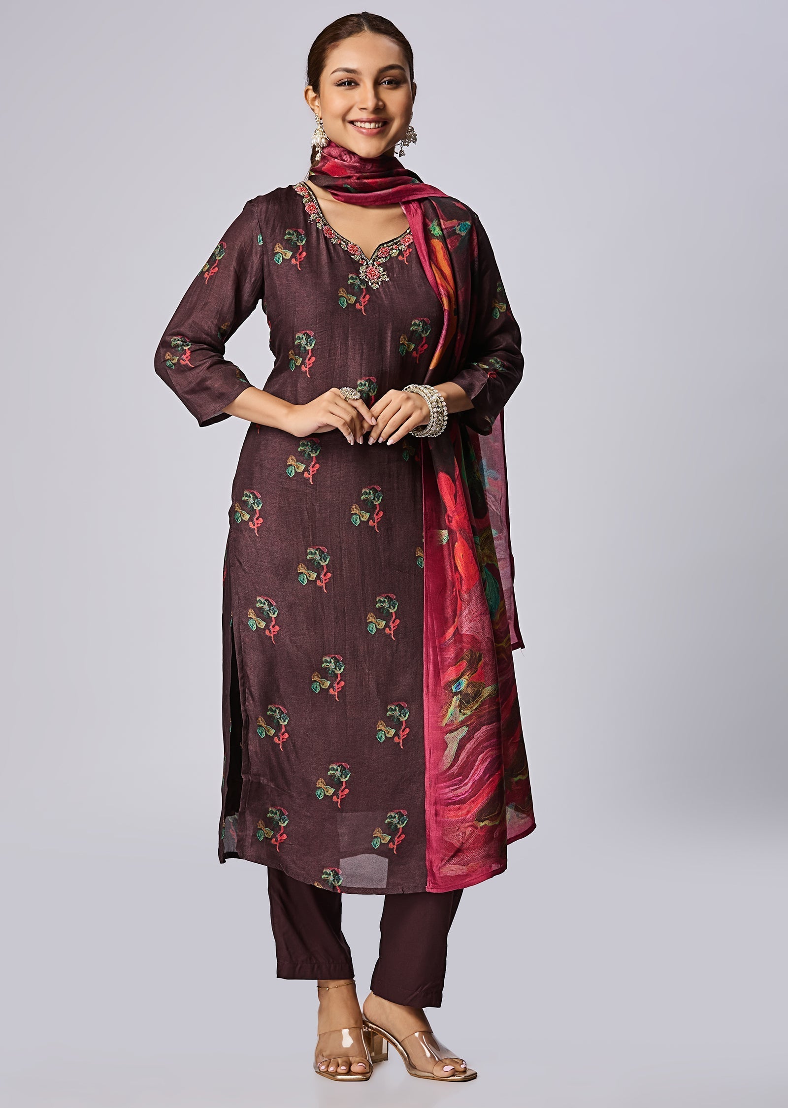 Brown Dola Silk Straight Cut Suit