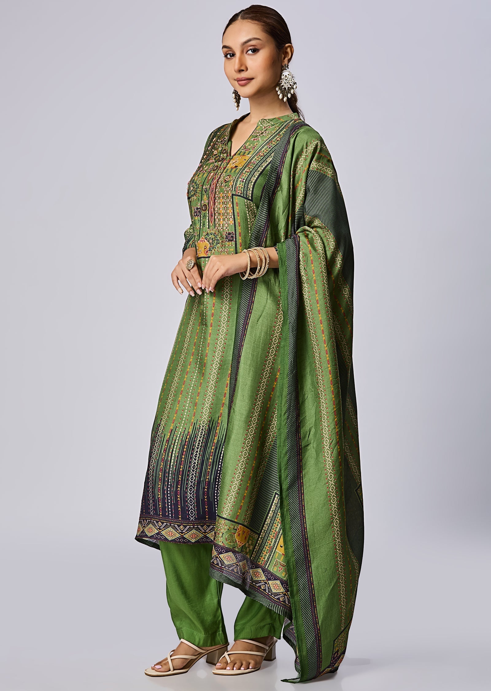 Green Dola Silk Straight Cut Suit