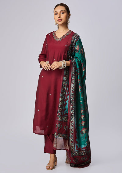Dark Maroon Russian Silk Straight Cut Suit