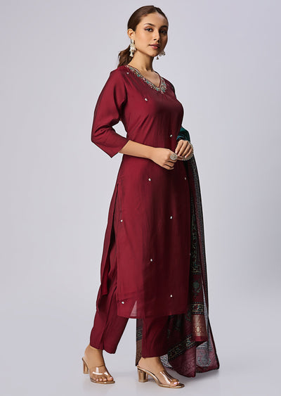 Dark Maroon Russian Silk Straight Cut Suit
