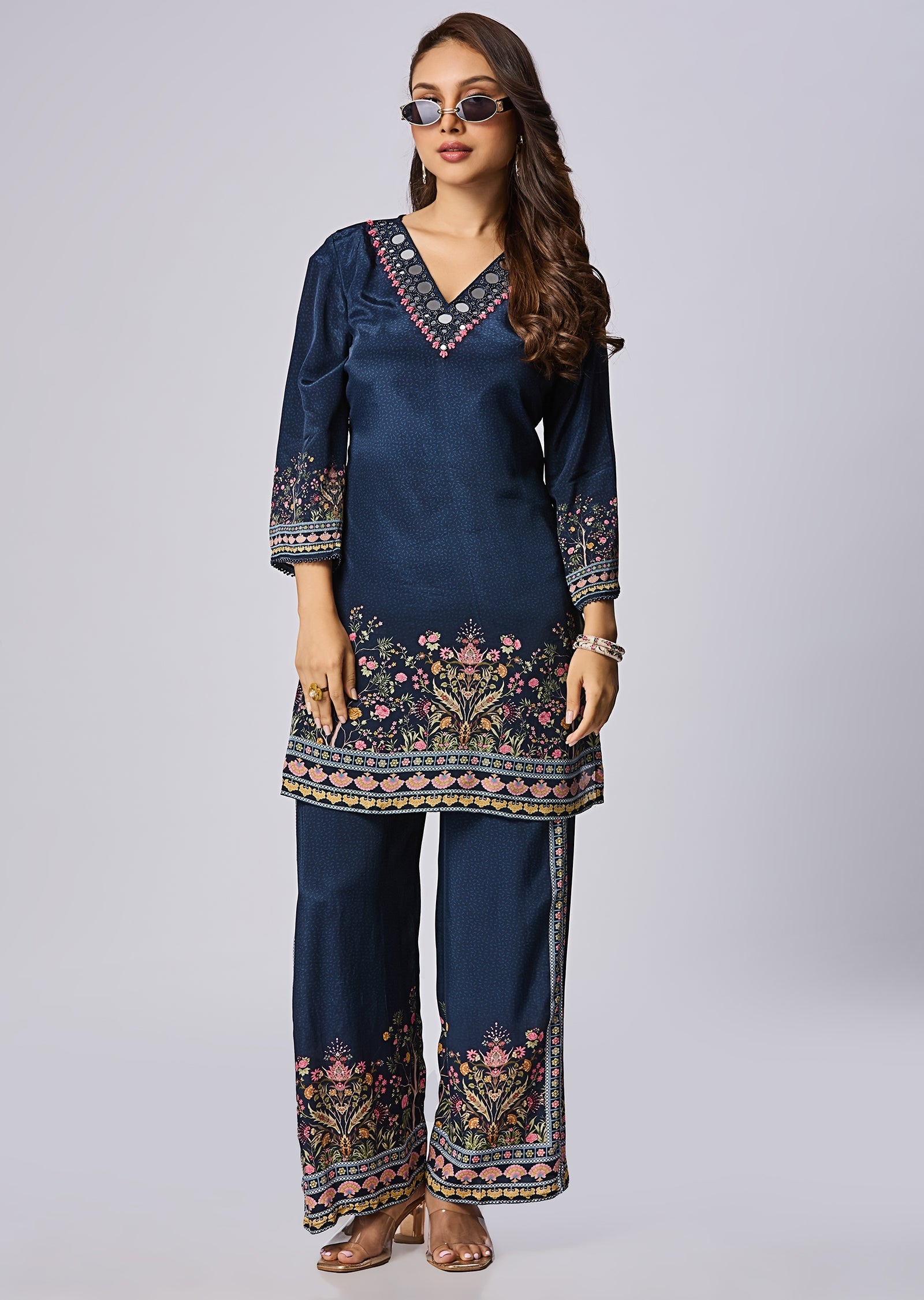 Navy Blue Crepe Straight Cut Kurti Set