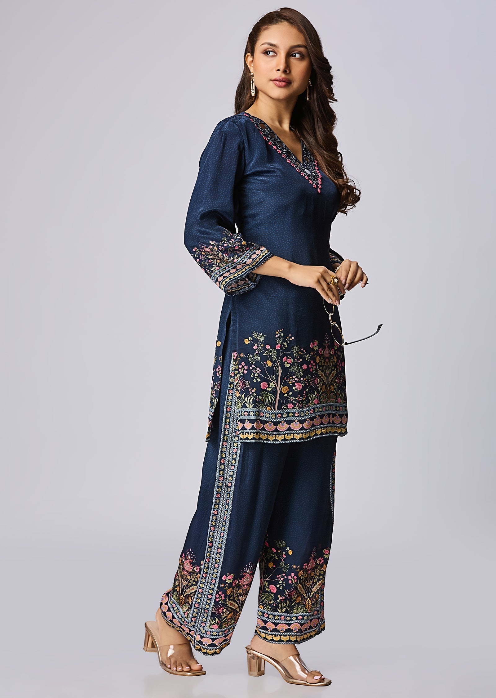 Navy Blue Crepe Straight Cut Kurti Set