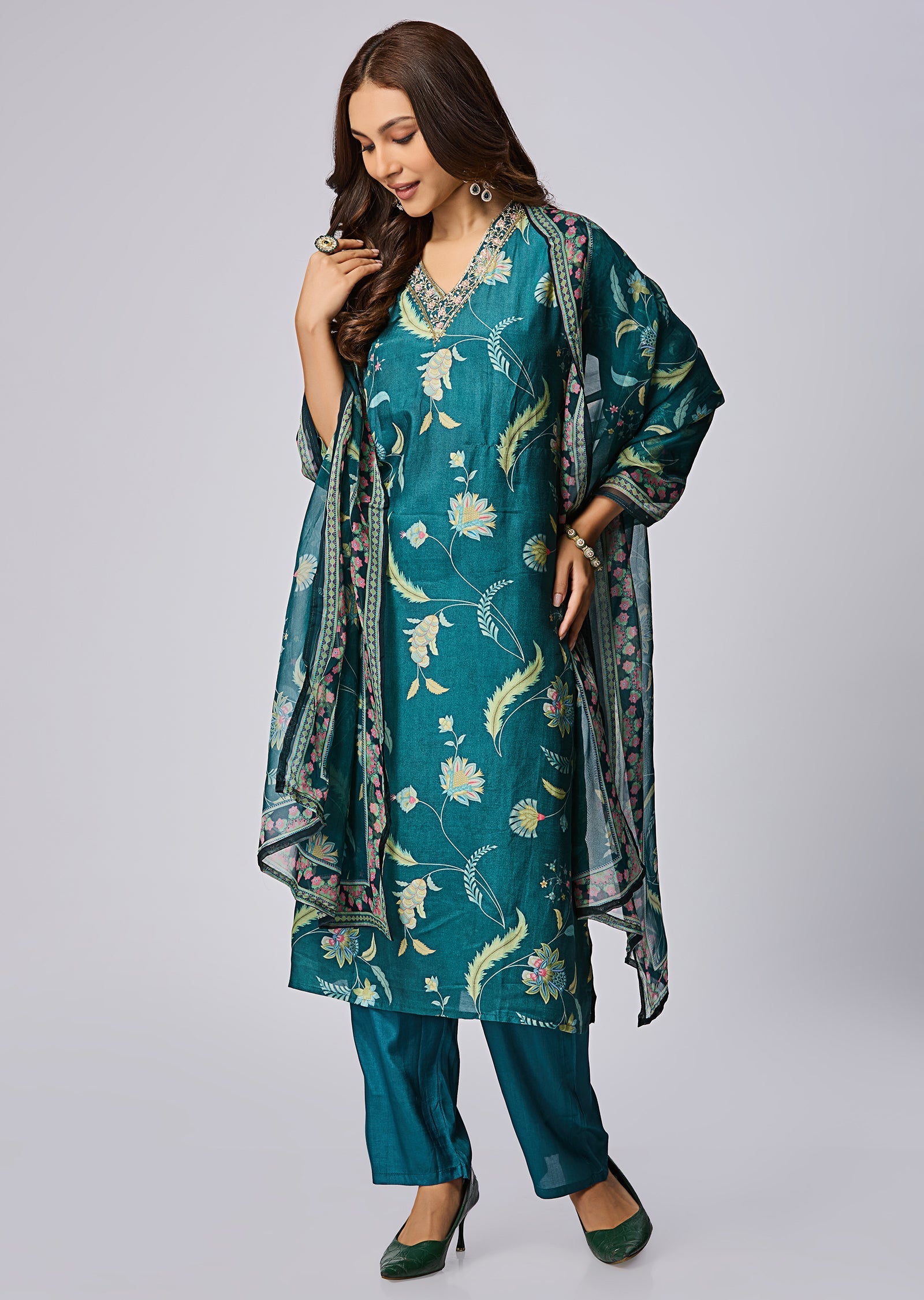 Rama Green Dola Silk Straight Cut Suit