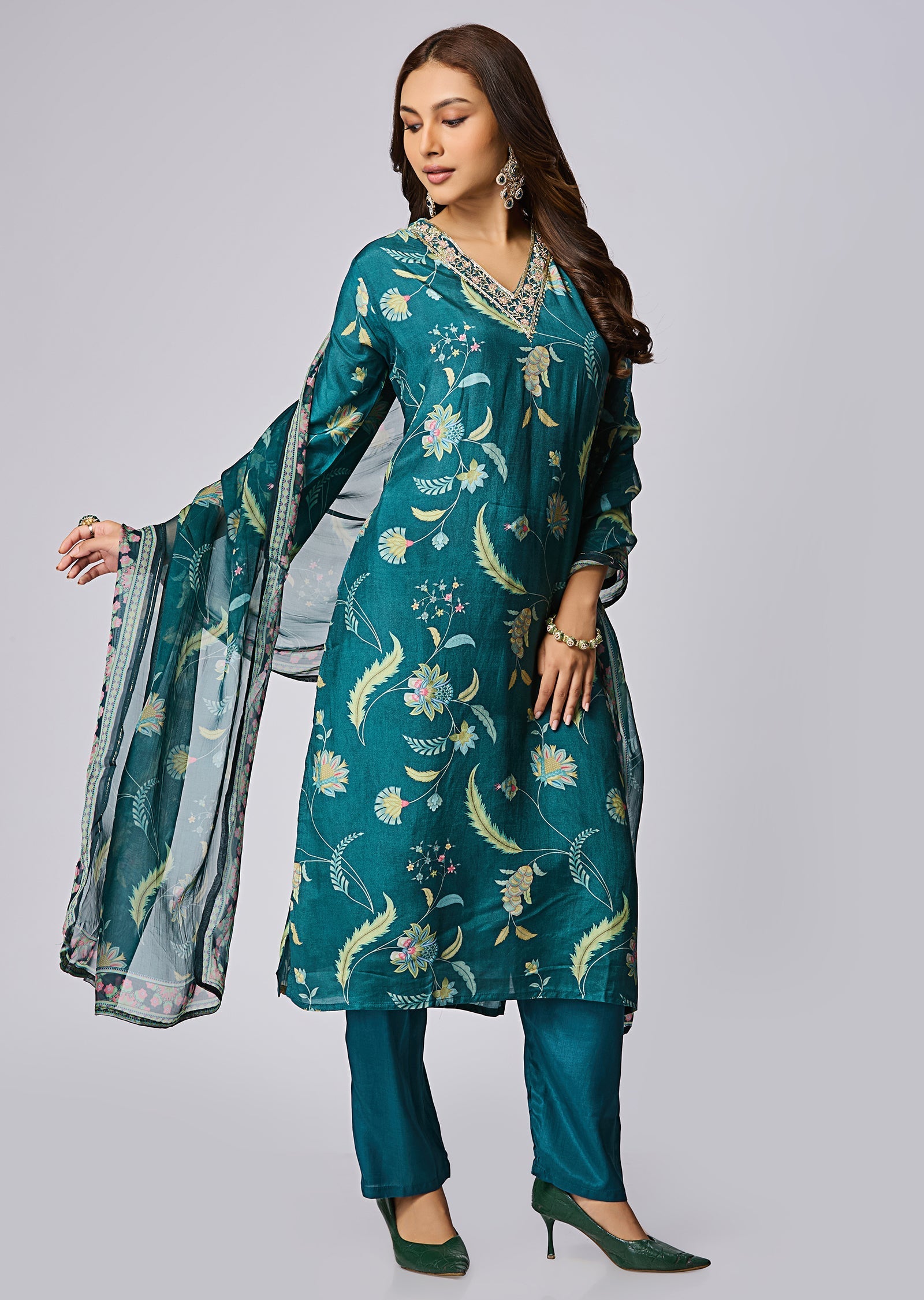 Rama Green Dola Silk Straight Cut Suit