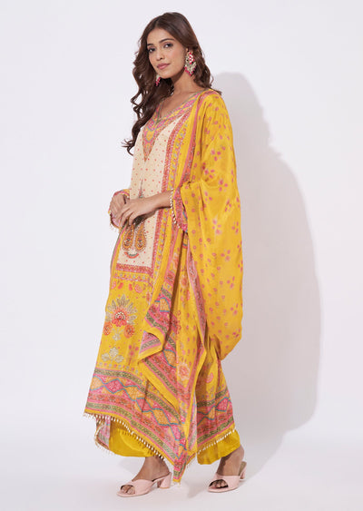 Yellow Chinnon Anarkali Suit