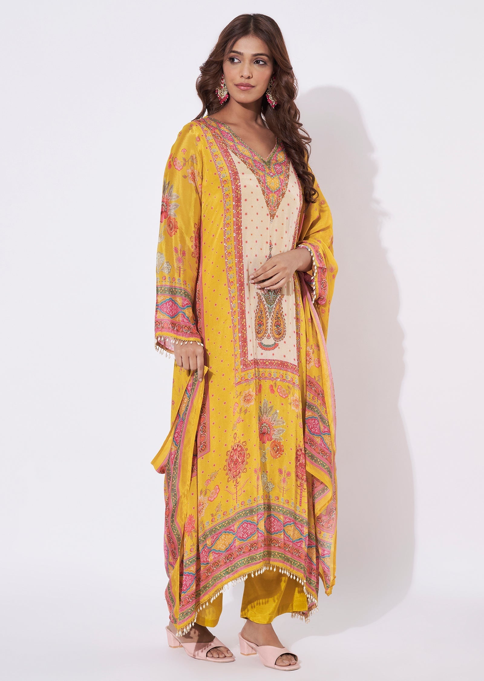 Yellow Chinnon Anarkali Suit