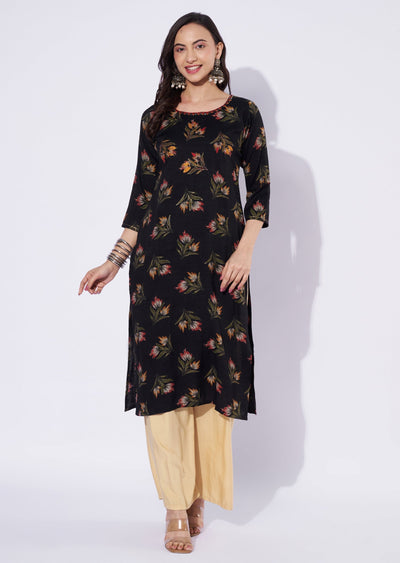 Black Cotton Straight Cut Kurti