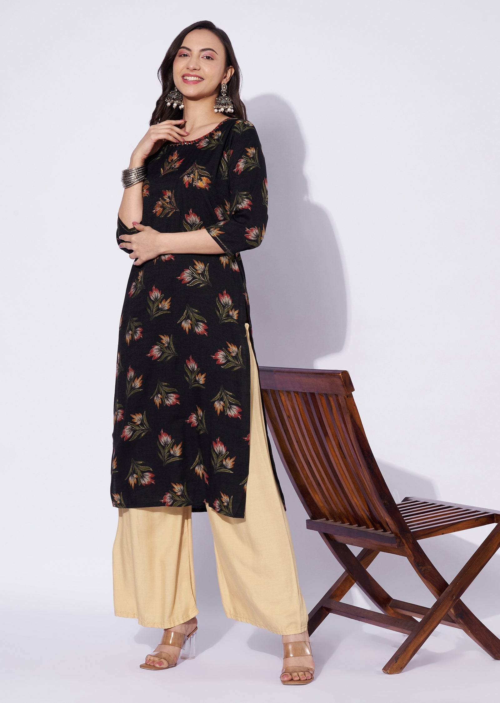 Black Cotton Straight Cut Kurti