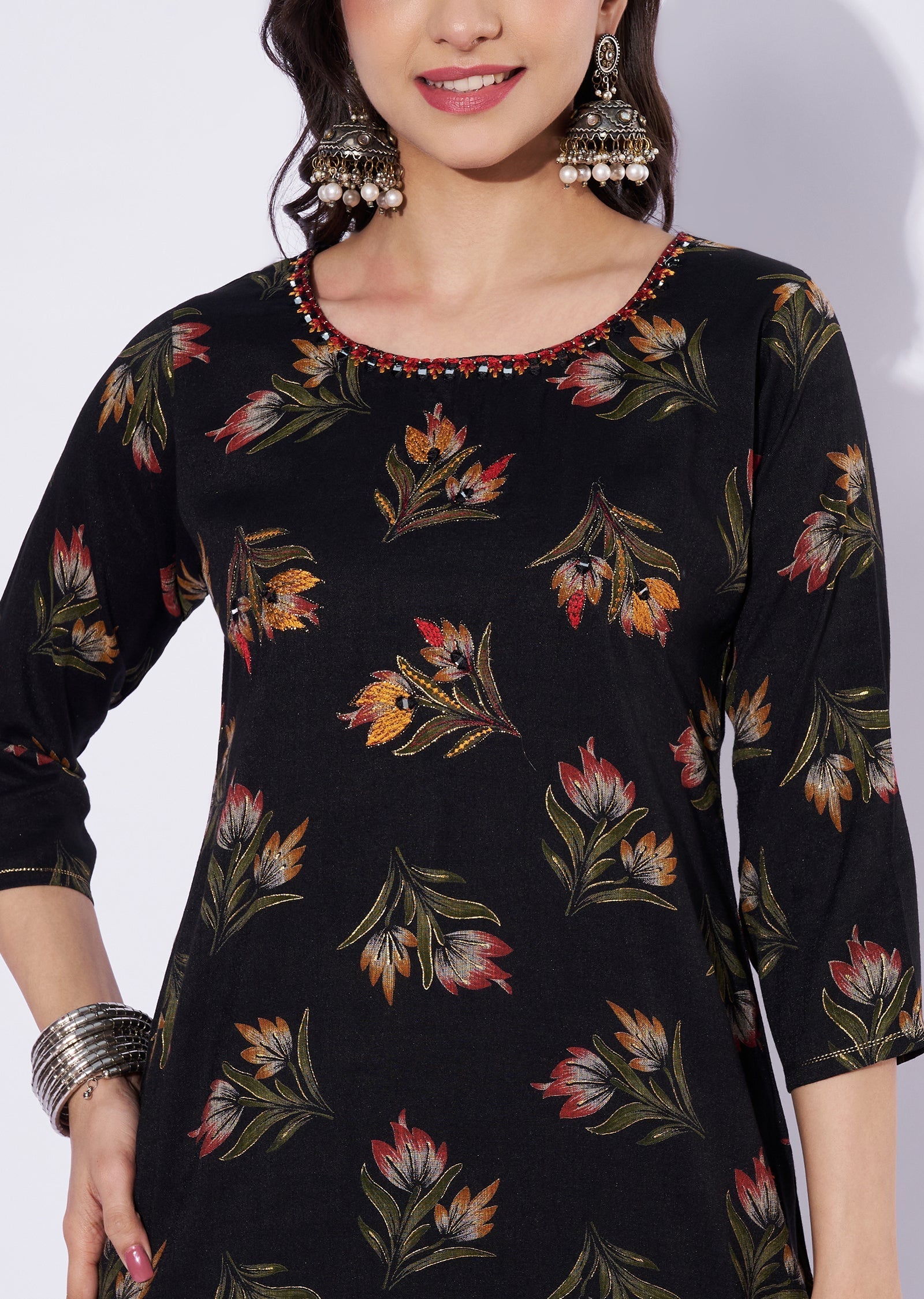 Black Cotton Straight Cut Kurti