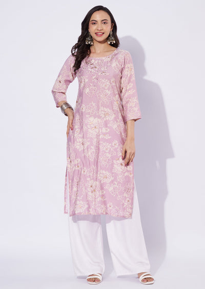 Onion Pink Linen Cotton Straight Cut Kurti
