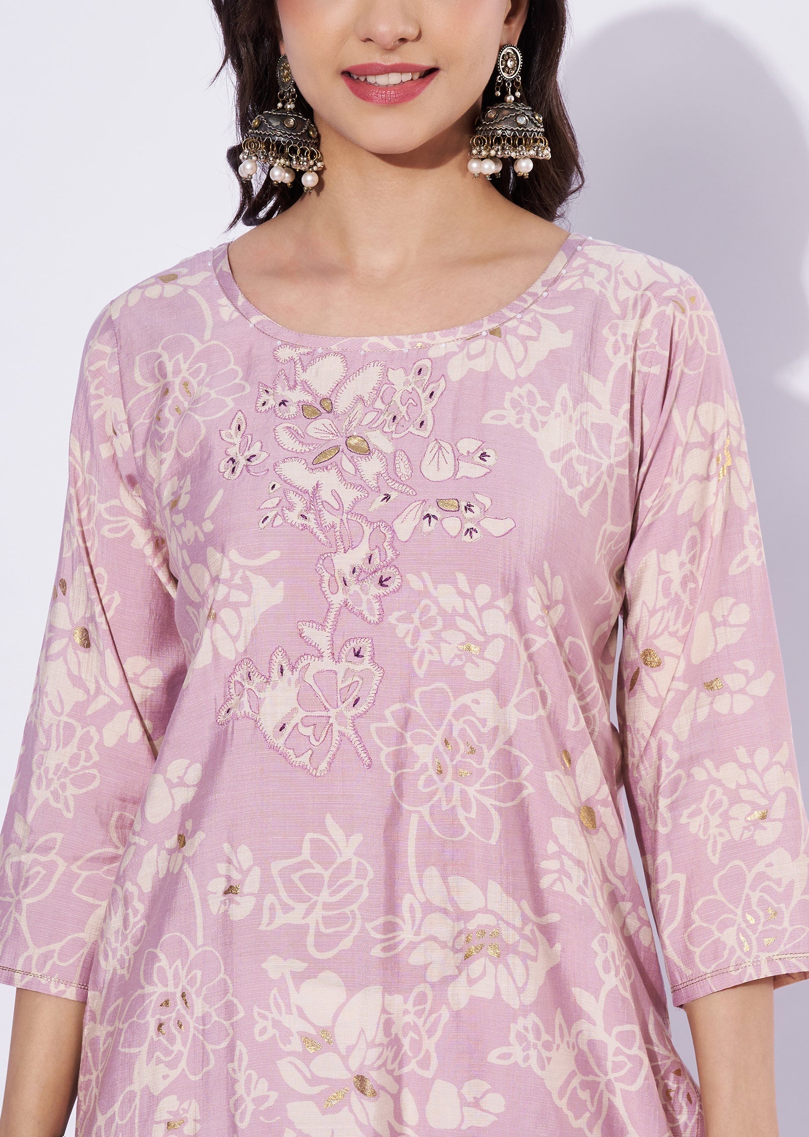 Onion Pink Linen Cotton Straight Cut Kurti