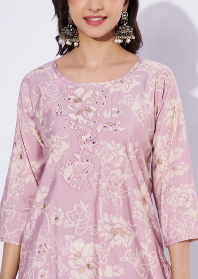 Onion Pink Linen Cotton Straight Cut Kurti