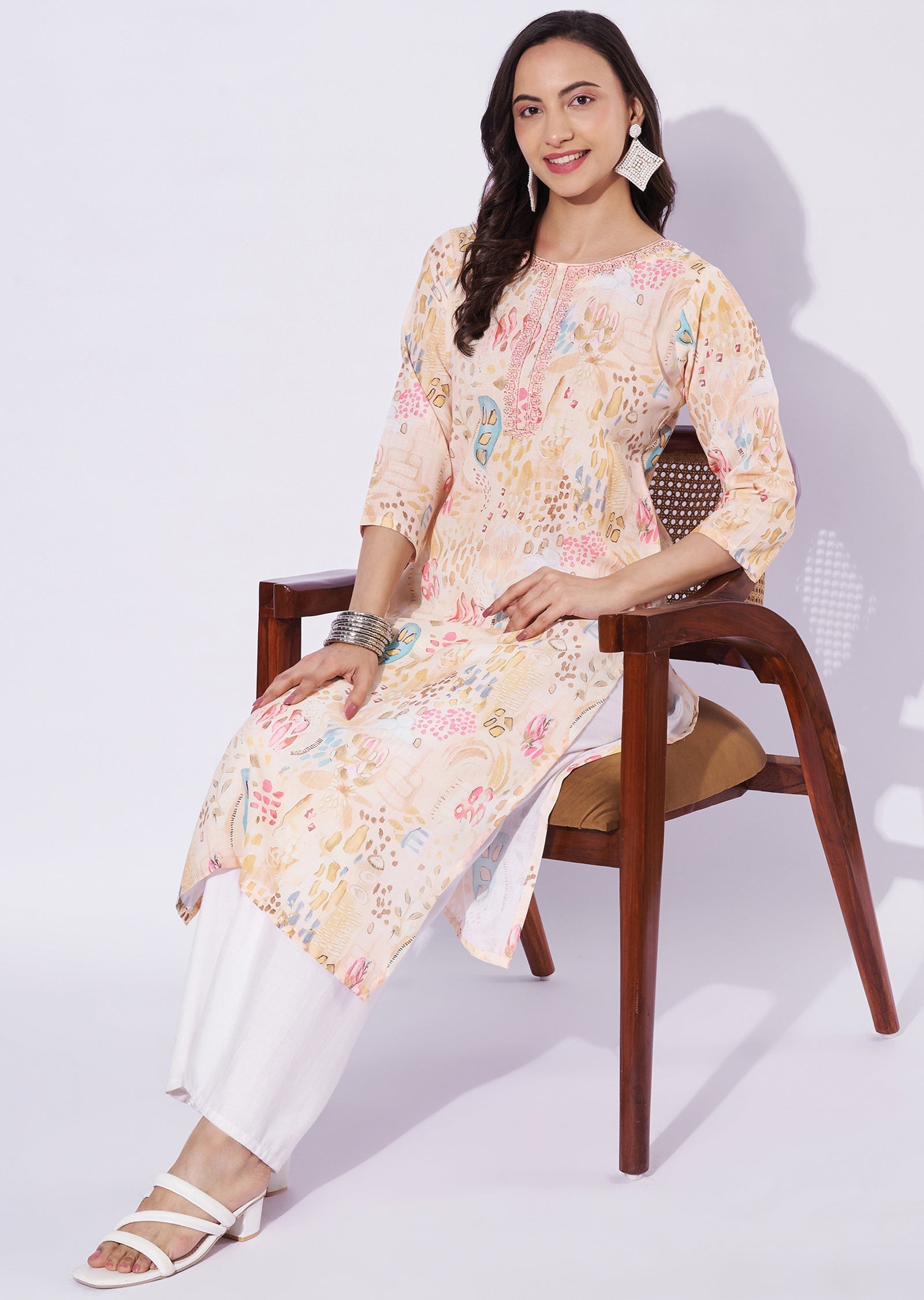 Light Yellow Linen Cotton Straight Cut Kurti
