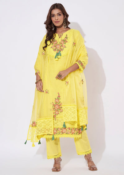 Yellow Cotton Straight Cut Suit