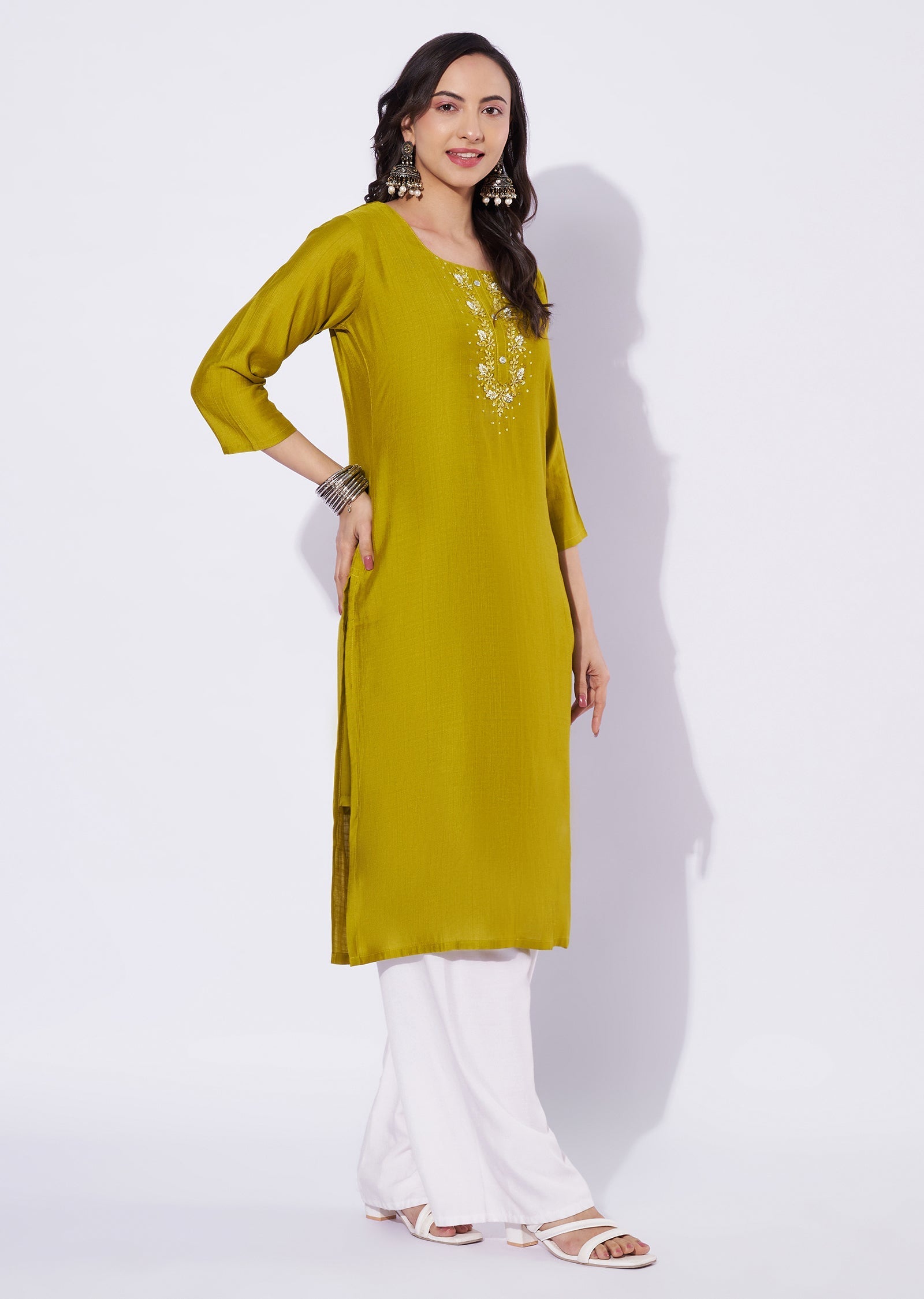 Lime Green Gold Straight Cut Kurti