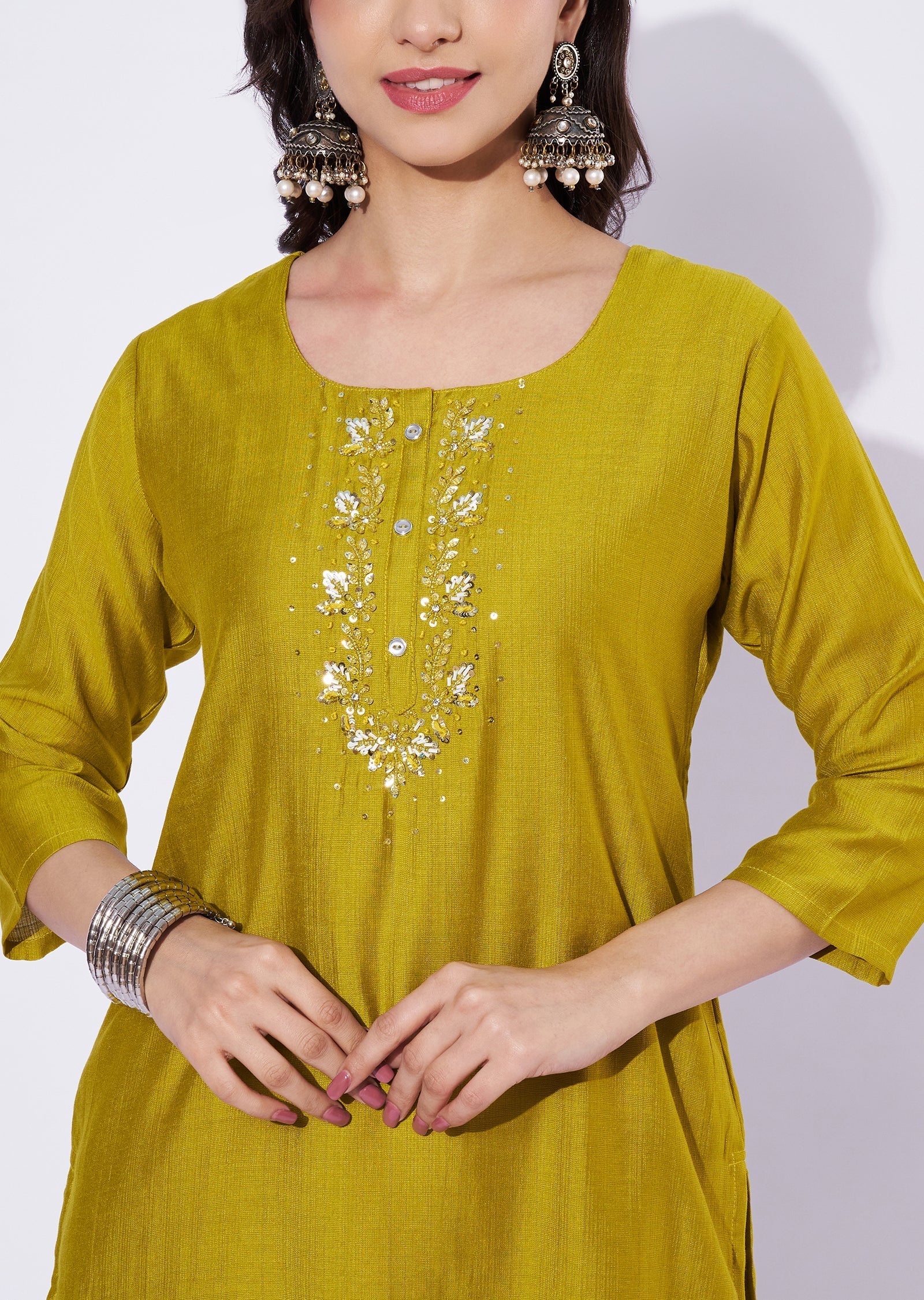 Lime Green Gold Straight Cut Kurti