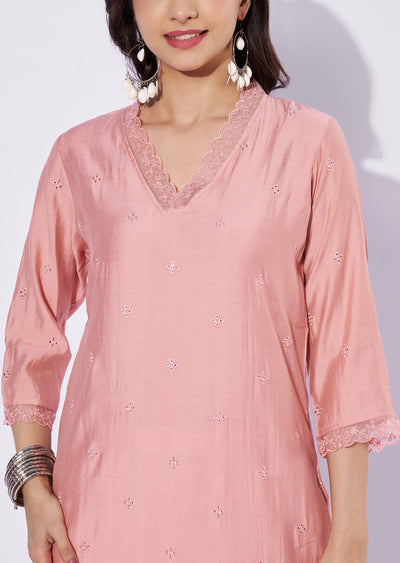 Peach Russian Silk Straight Cut Kurti