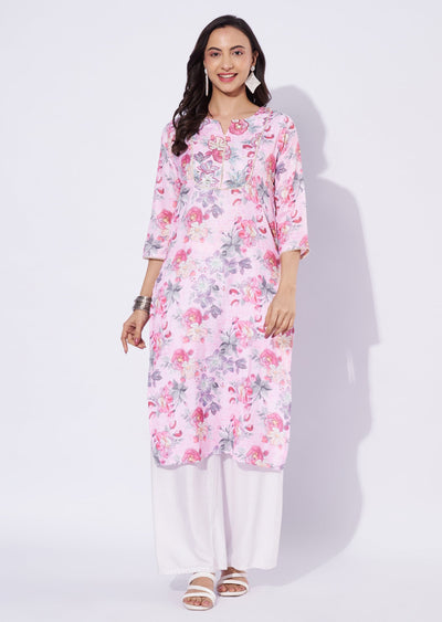Baby Pink Linen Cotton Straight Cut Kurti