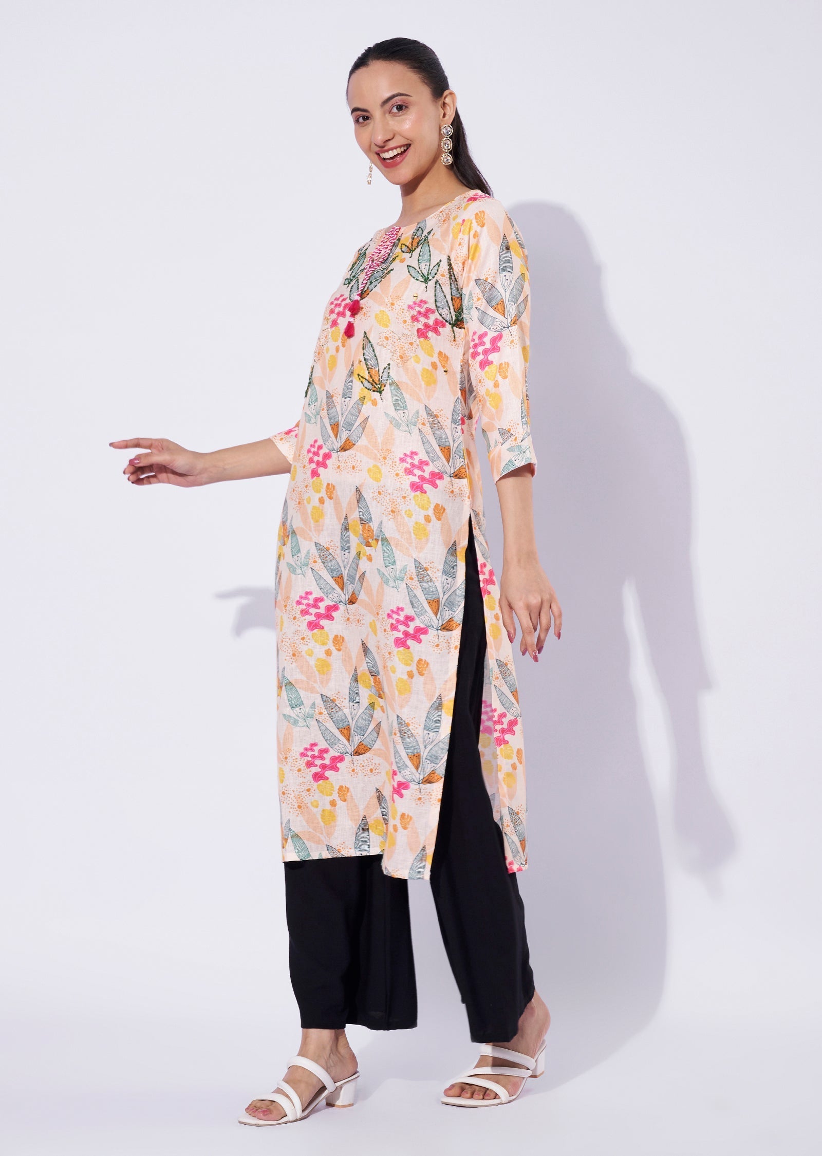 Light Yellow Linen Cotton Straight Cut Kurti