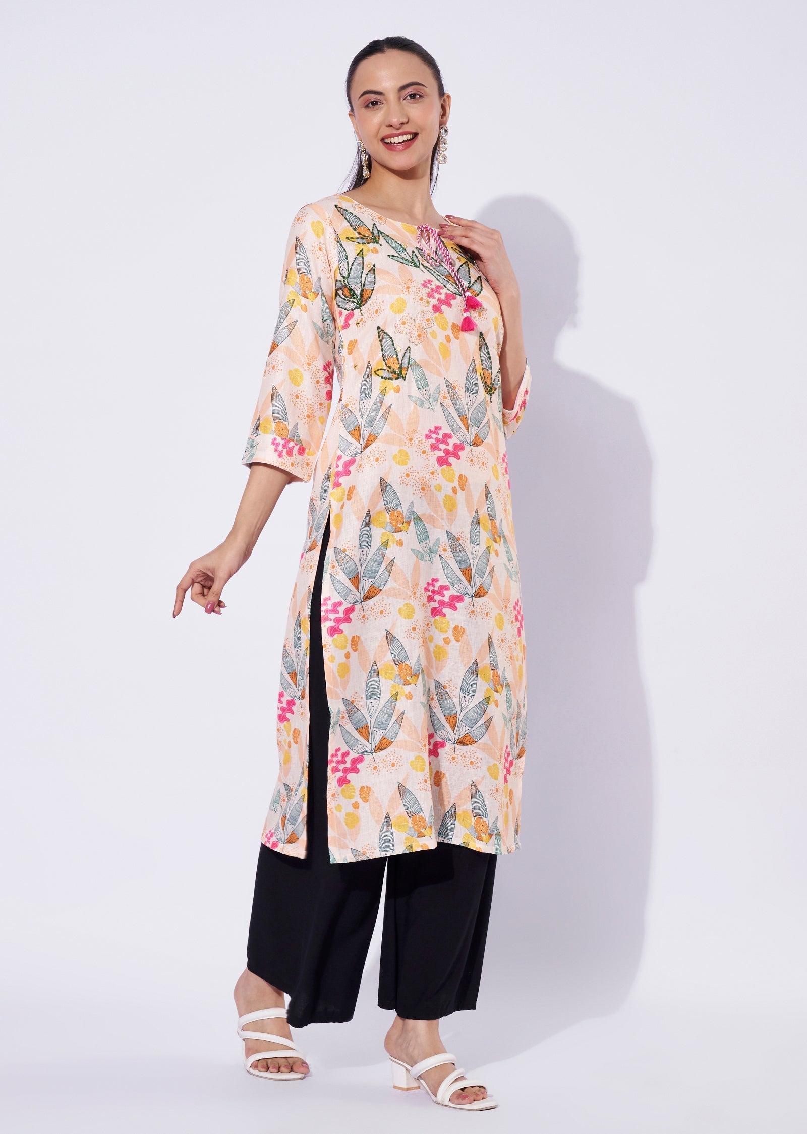 Light Yellow Linen Cotton Straight Cut Kurti