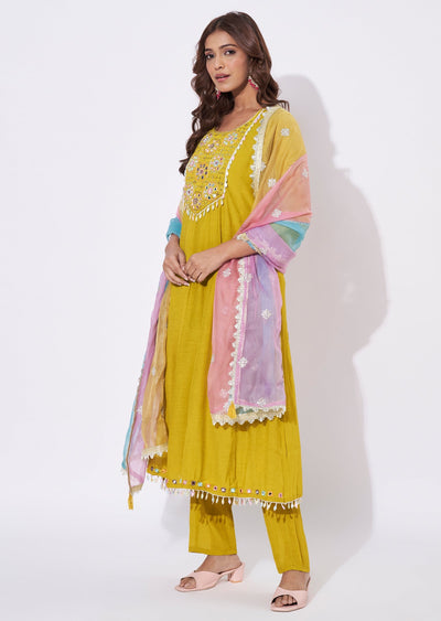 Mehendi Green Chinnon Anarkali Suit