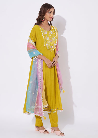 Mehendi Green Chinnon Anarkali Suit