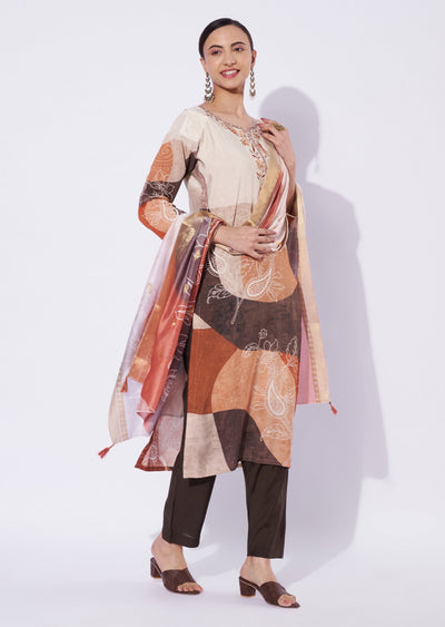 Beige Chanderi Straight Cut Suit