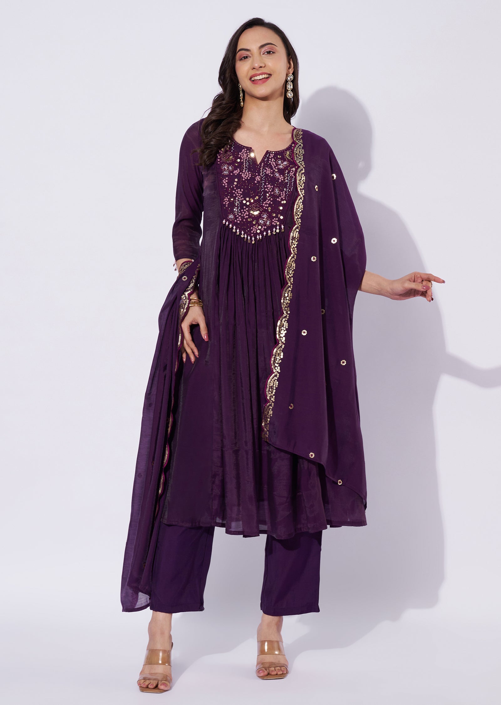 Wine Mul Chanderi Anarkali Suit