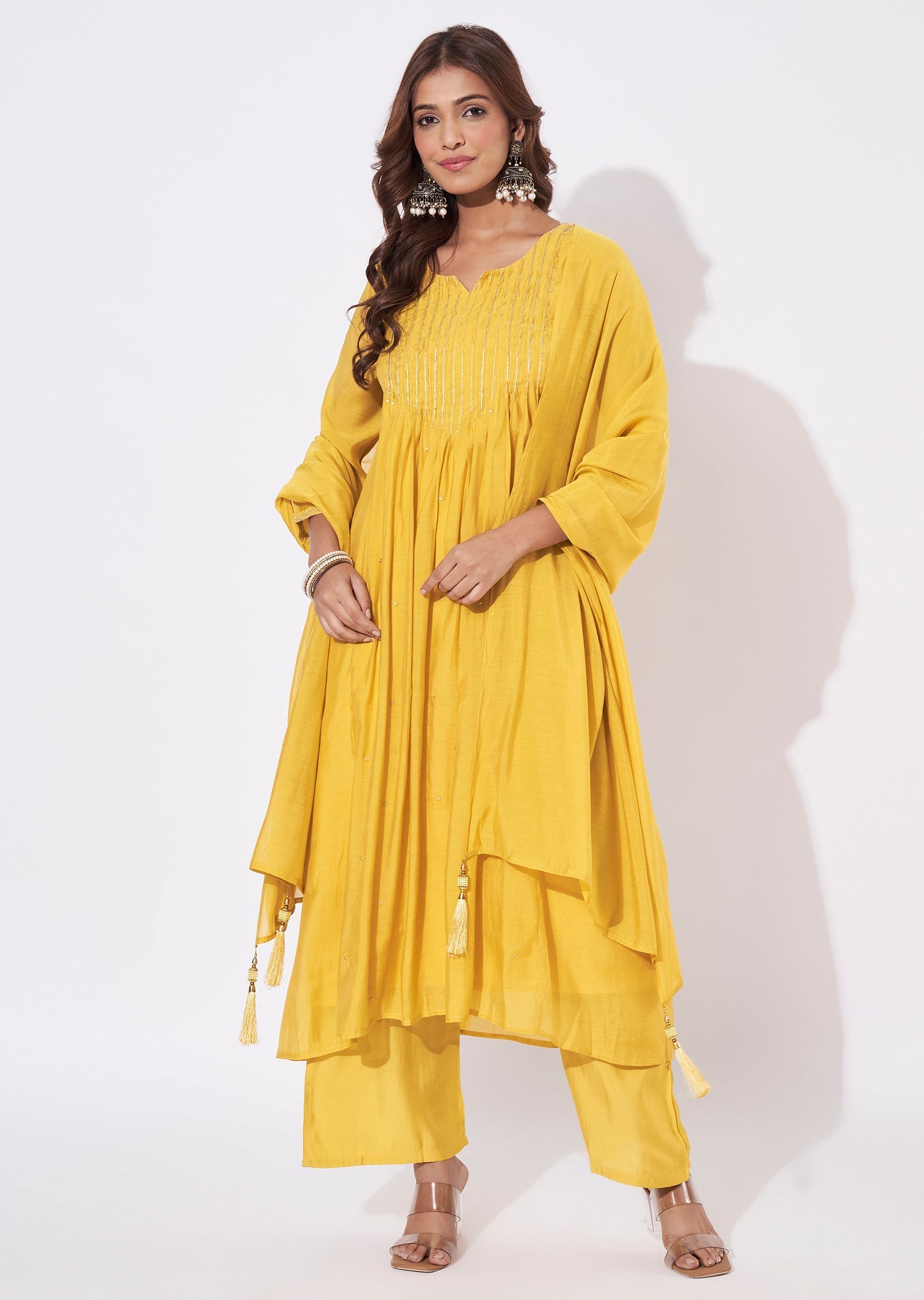 Mustard Mal Chanderi Anarkali Suit