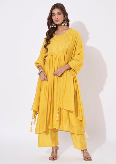 Mustard Mal Chanderi Anarkali Suit