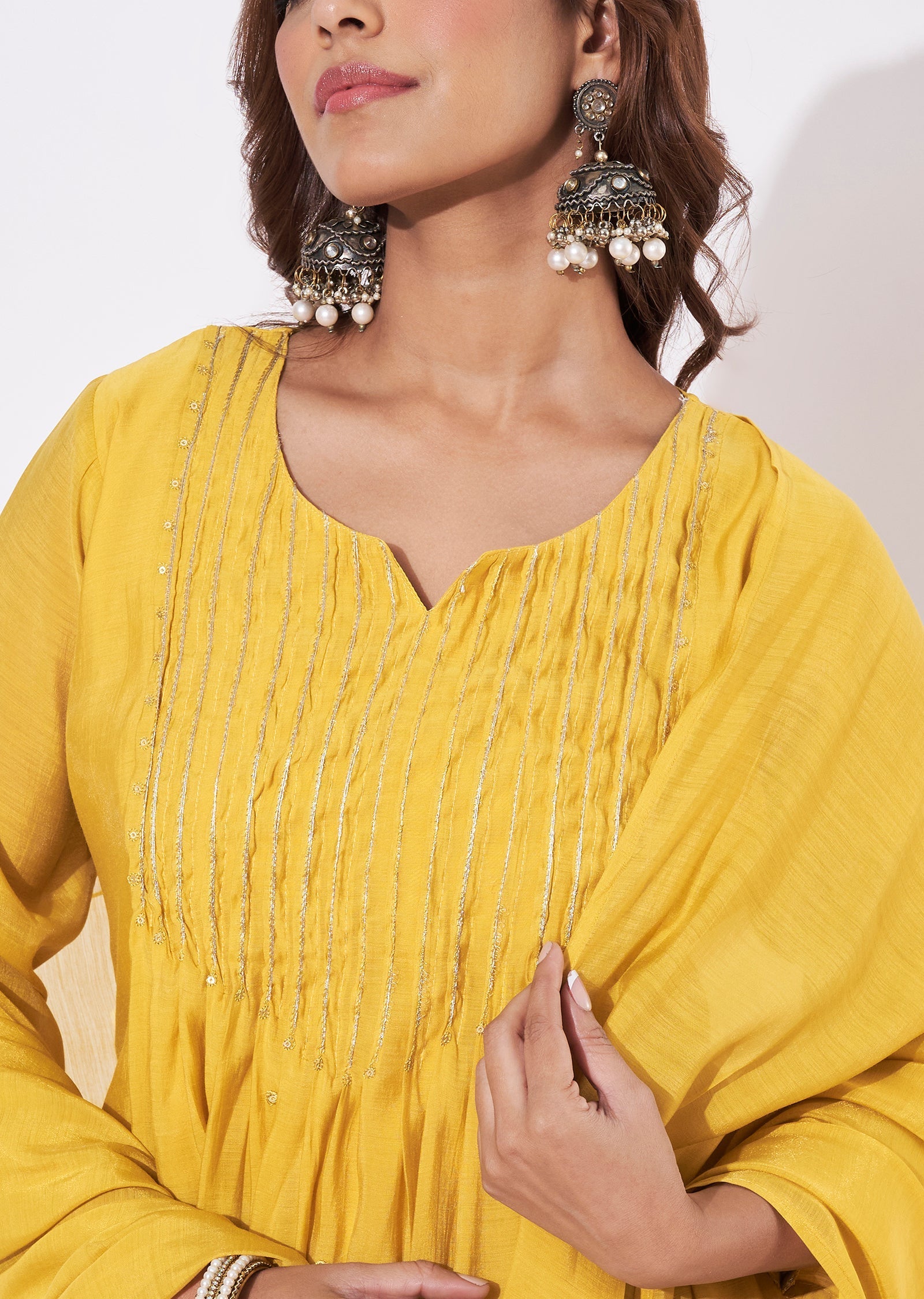 Mustard Mal Chanderi Anarkali Suit
