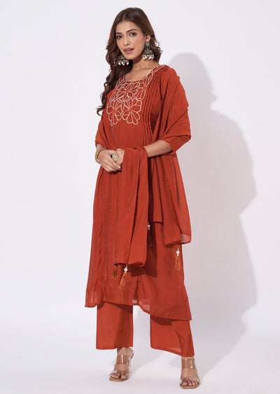 Dark Rust Mal Chanderi Anarkali Suit