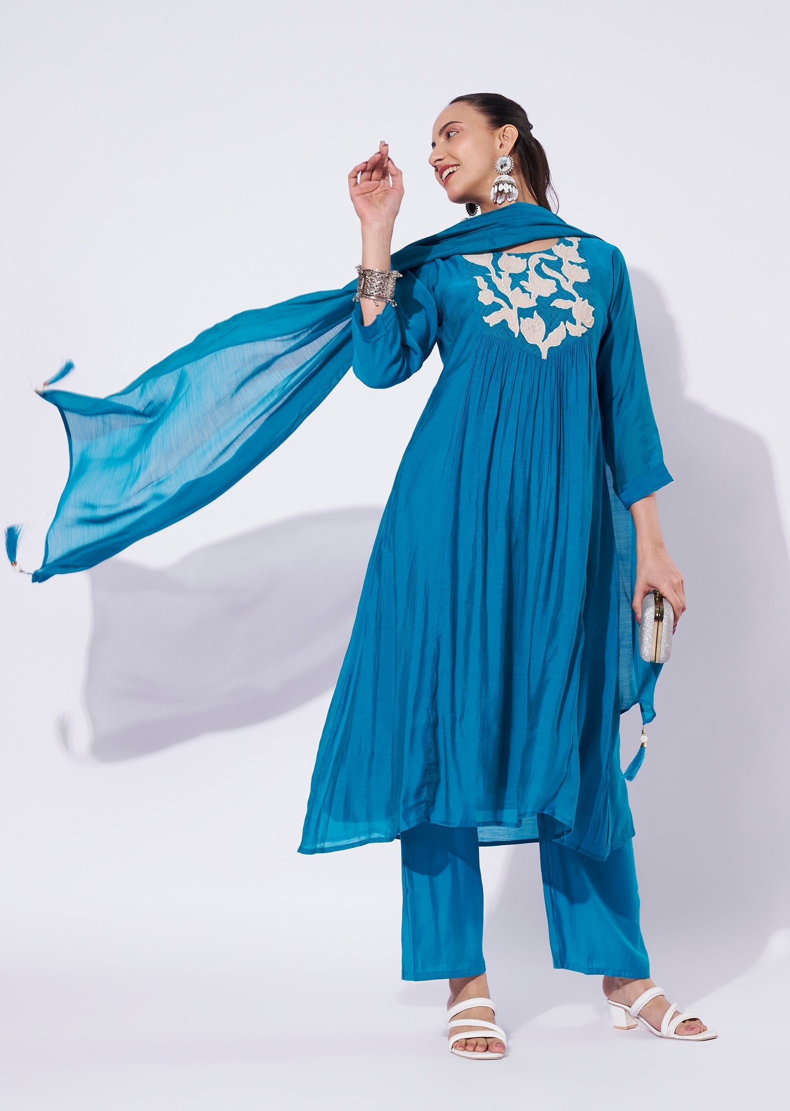 Firozi Chanderi Anarkali Suit